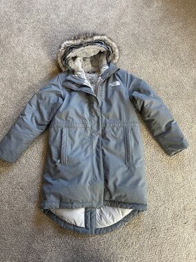 The North Face Kids Gray Hooded Puffer Coat with Faux Fur Trim